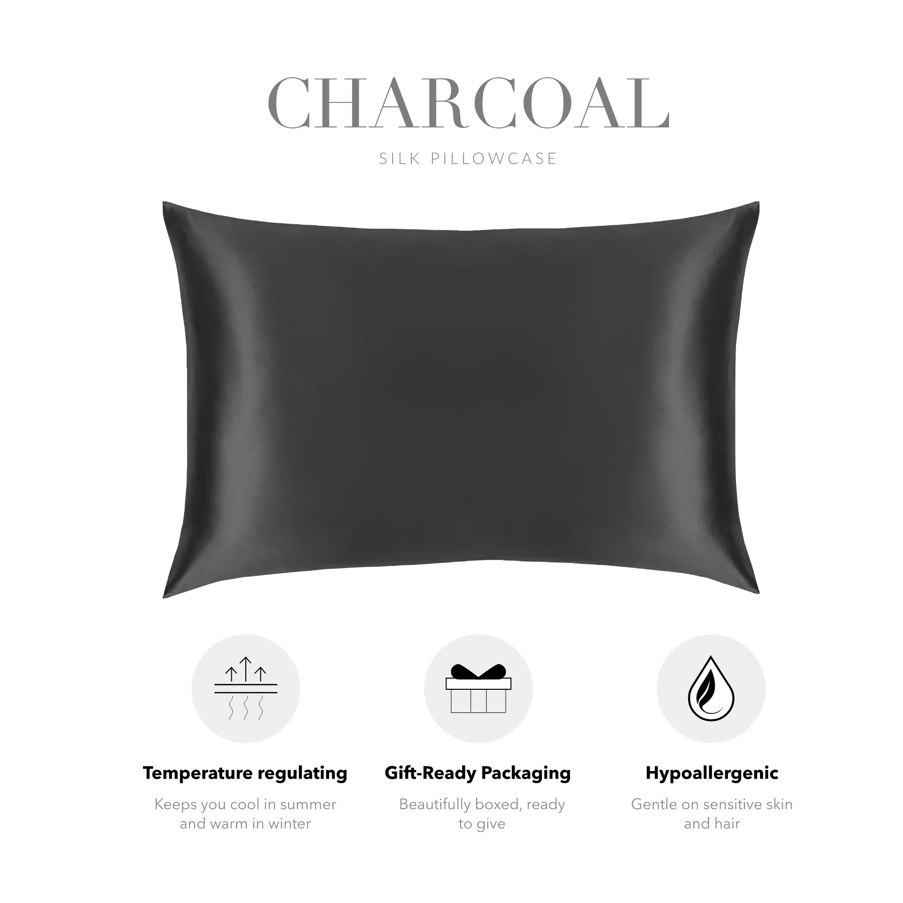 a black silk pillowcase with a few descriptive text elements.