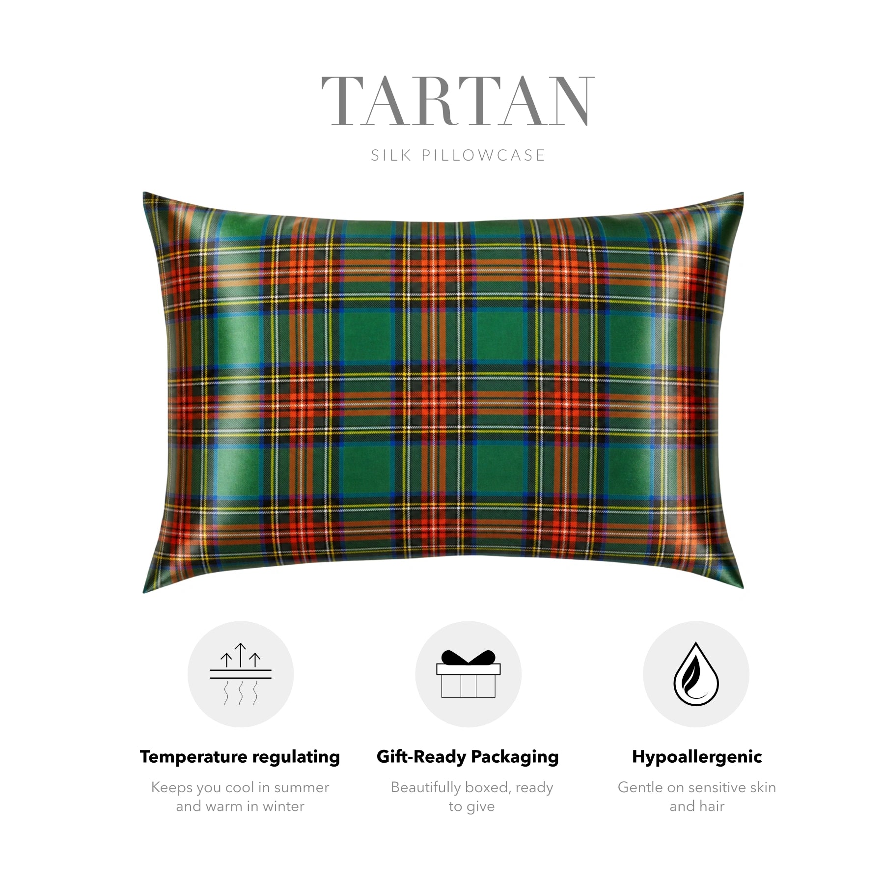 a TARTAN SILK PILLOWCASE with a green, red, and orange plaid pattern.