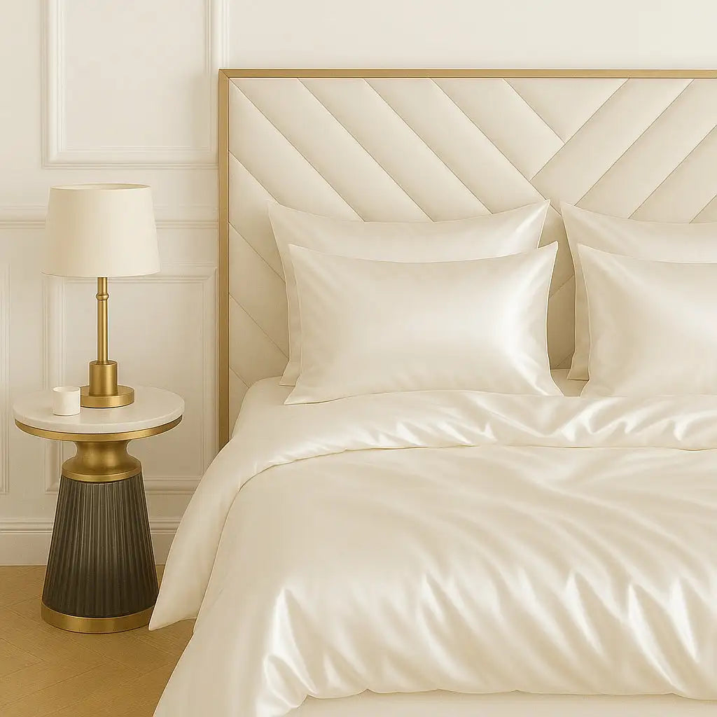 Neatly made bed with Ivory Silk bedding and gold headboard in a bedroom setting.
