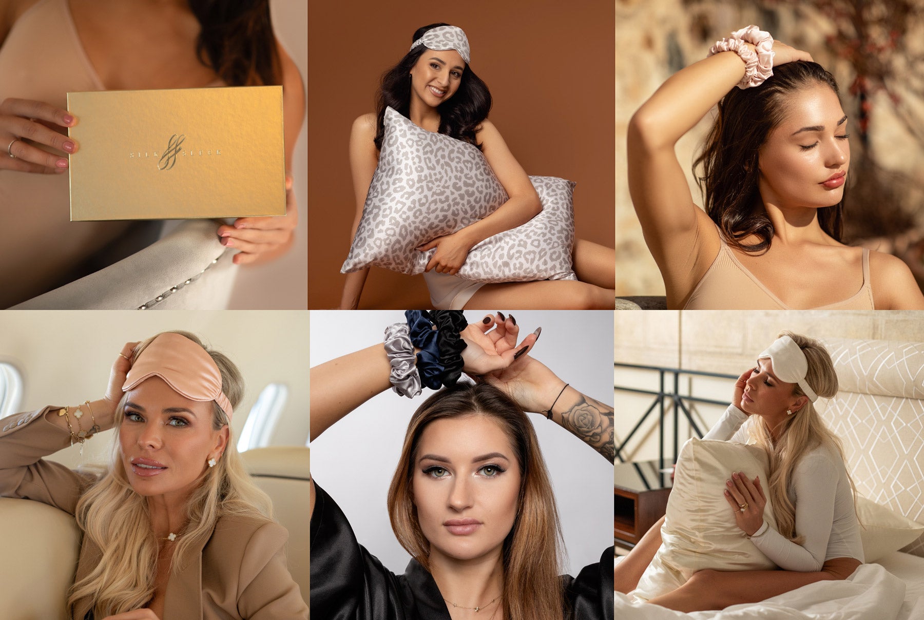 Collage of women using sleep accessories including pillows and eye masks.