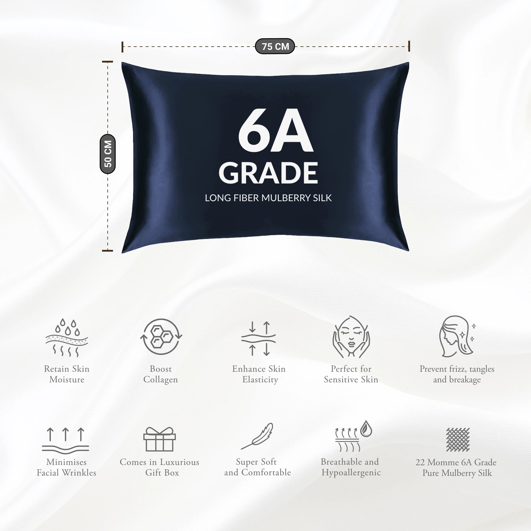 Navy Silk Pillowcase - 22 Momme Pure Mulberry Silk Pillowcase