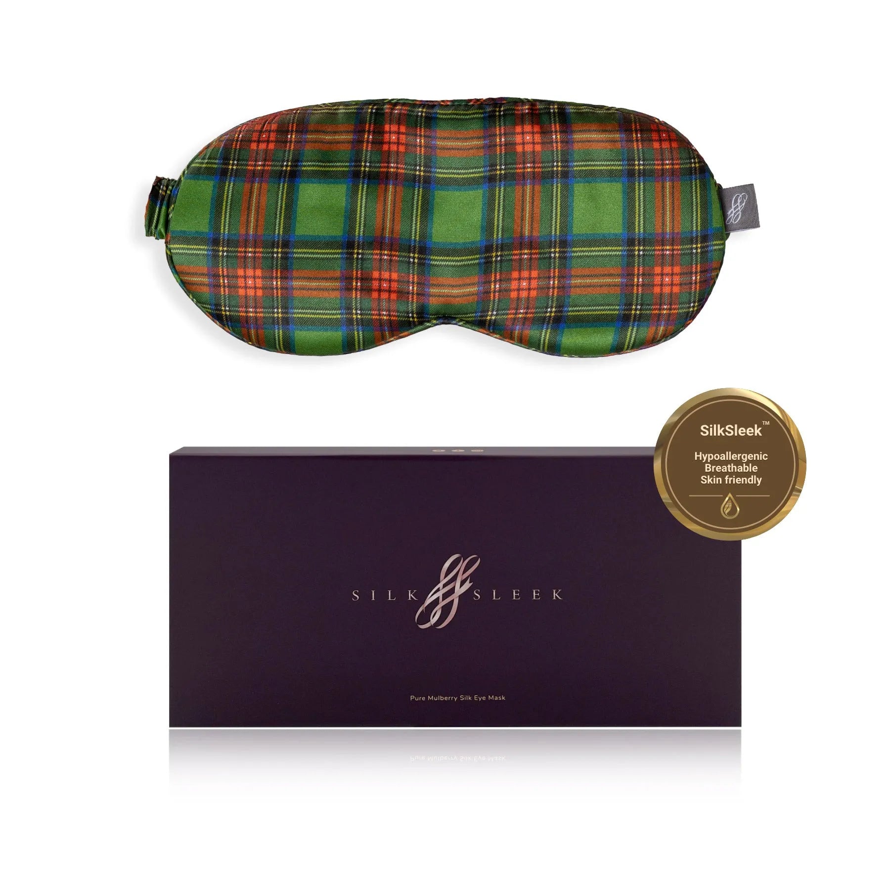 Tartan Green Silk Eye Mask - 22 Momme Pure Mulberry Silk Sleep Mask UK