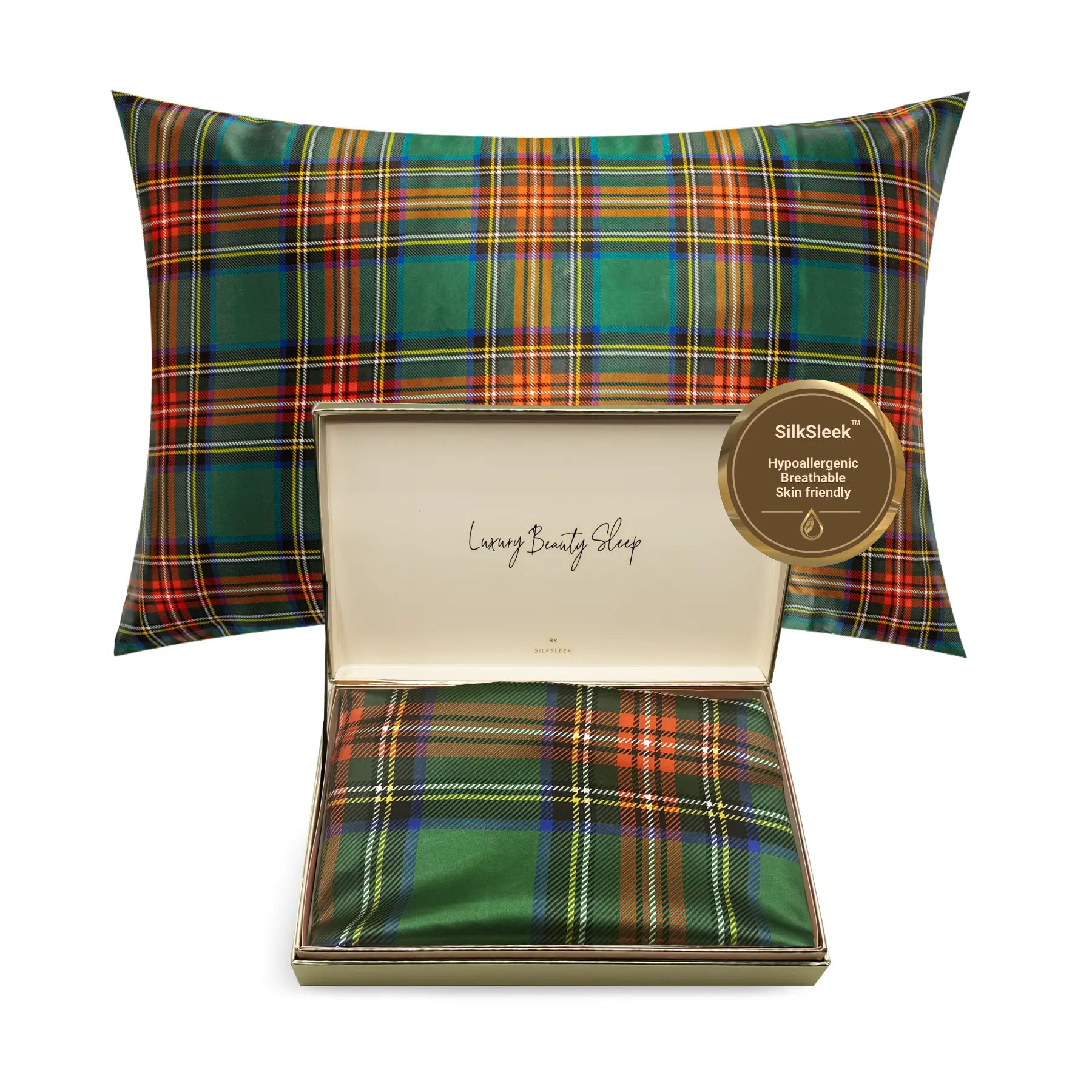 Tartan Green Silk Pillowcase - 22 Momme Pure Mulberry Silk Pillowcase UK
