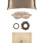 Taupe Silk Gift Set - 22 Momme Mulberry Silk Pillowcase Eye Mask Scrunchies UK