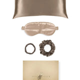 Taupe Silk Gift Set - 22 Momme Mulberry Silk Pillowcase Eye Mask Scrunchies UK