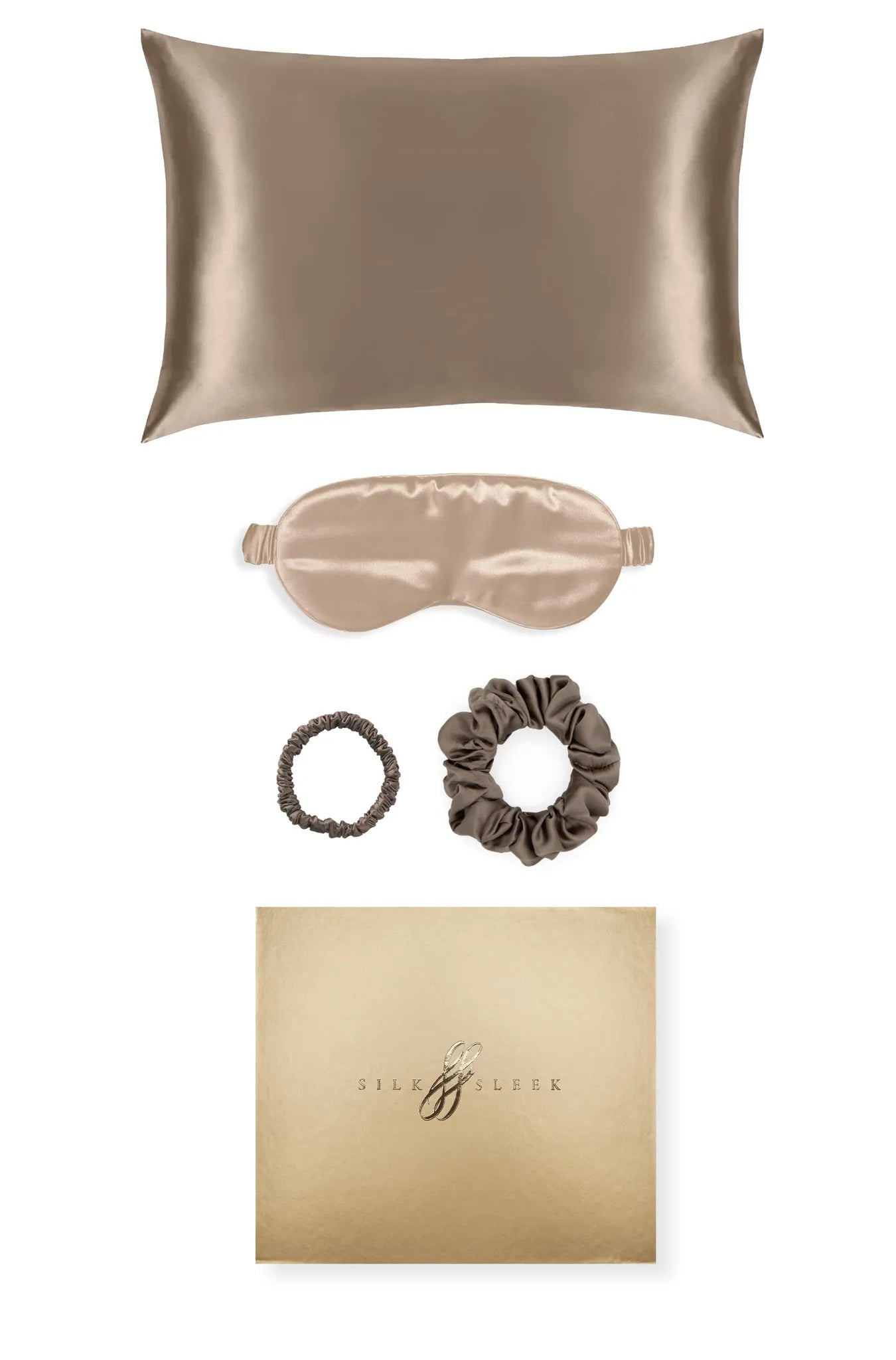 Taupe Silk Gift Set - 22 Momme Mulberry Silk Pillowcase Eye Mask Scrunchies UK
